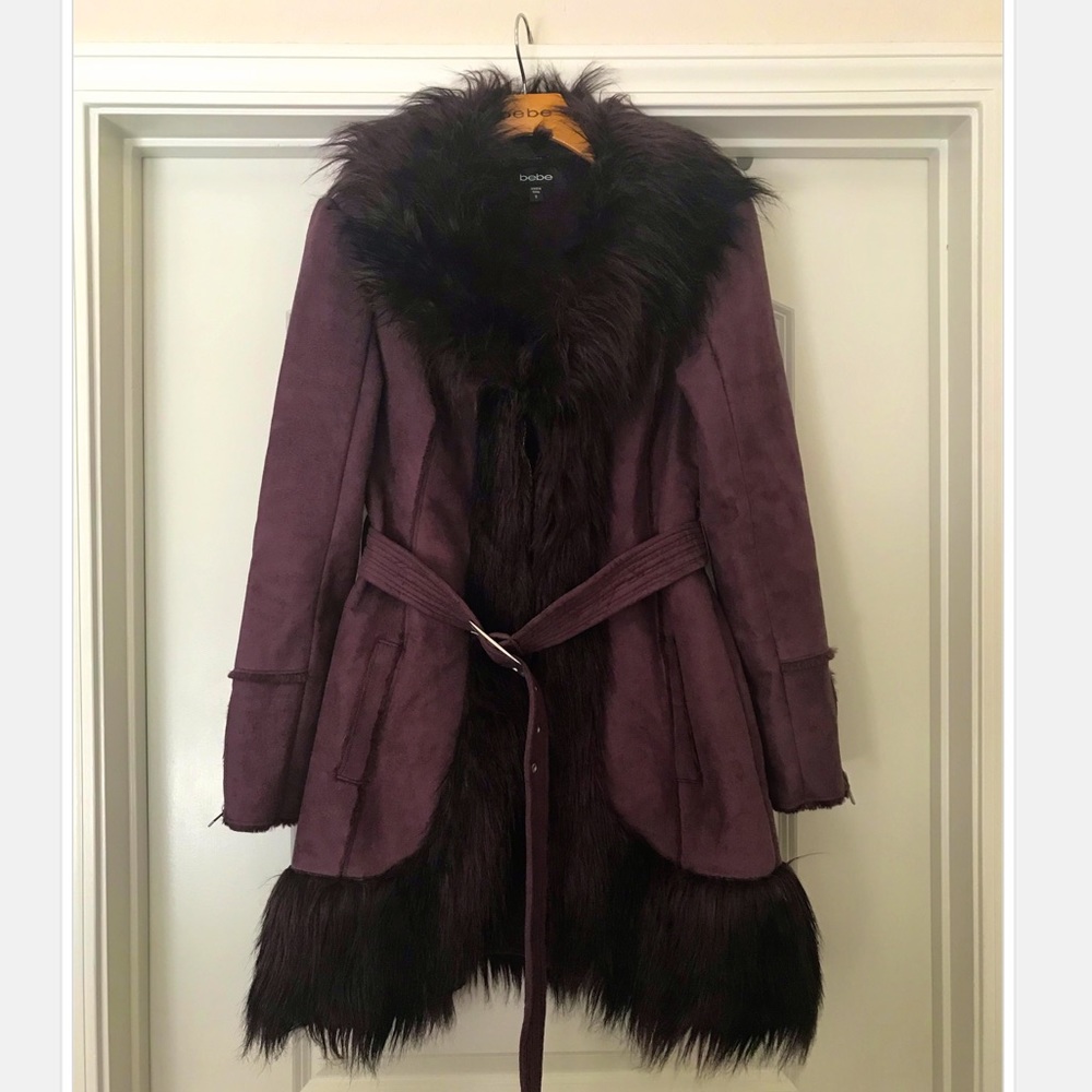 bebe Faux Suede and Faux Fur Purple Coat